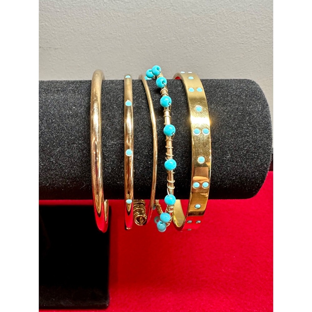 Lee Angel Gold Plated Bangle Bracelet Set Turquoise Stack Made in USA READ